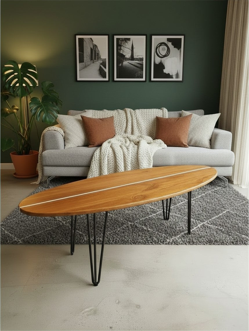 XL Table basse bois planche de surf | White Pinstripe | Modern Coastal Longboard Table