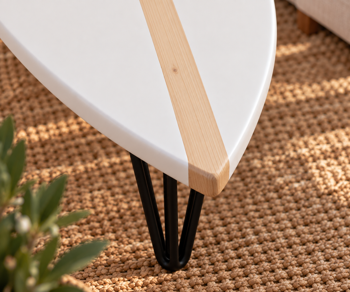 Table Basse Blanche Épurée & Ligne Bois Naturel – Fabrication Artisanale Bois de Spin