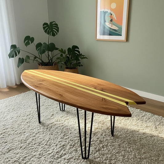 Handmade in France Surfboard Table | Pine Wood Coffee Table | Surf Decor