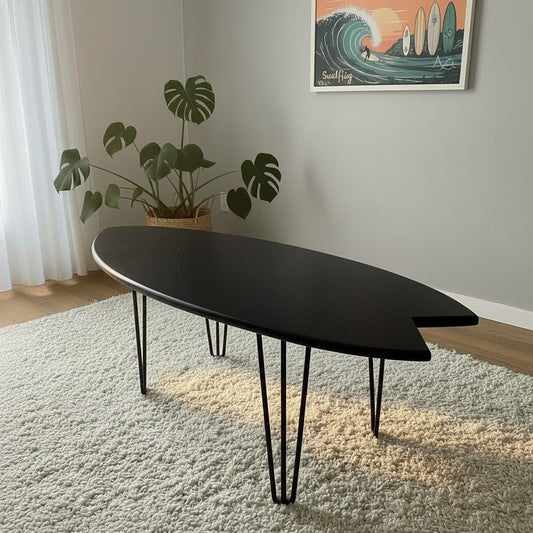Black Surfboard Coffee Table | Industrial Surf Decor | Dark Wood Furniture | Handmade Surf Table