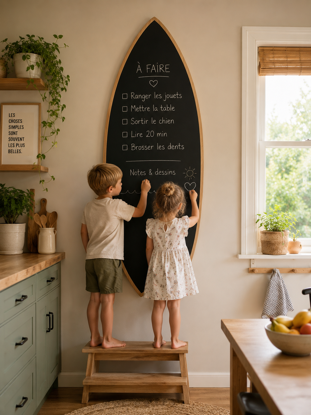 Planche de Surf Tableau Ardoise Famille | Memo Board Familial en Bois | Surfboard Chalkboard Kitchen Organizer
