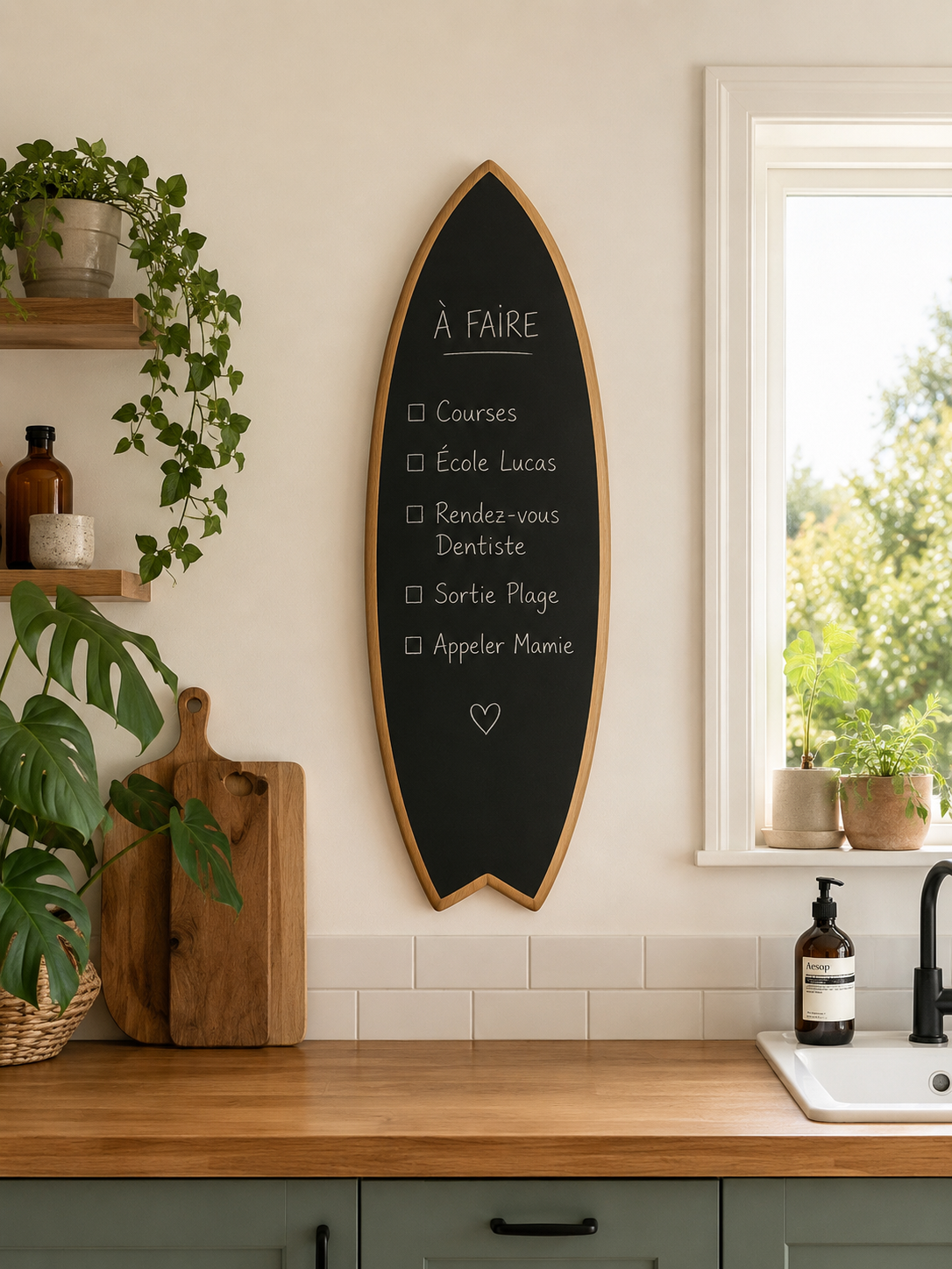 Planche de Surf Tableau Ardoise Famille | Memo Board Familial en Bois | Surfboard Chalkboard Kitchen Organizer