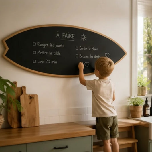 Planche de Surf Tableau Ardoise Famille | Memo Board Familial en Bois | Surfboard Chalkboard Kitchen Organizer