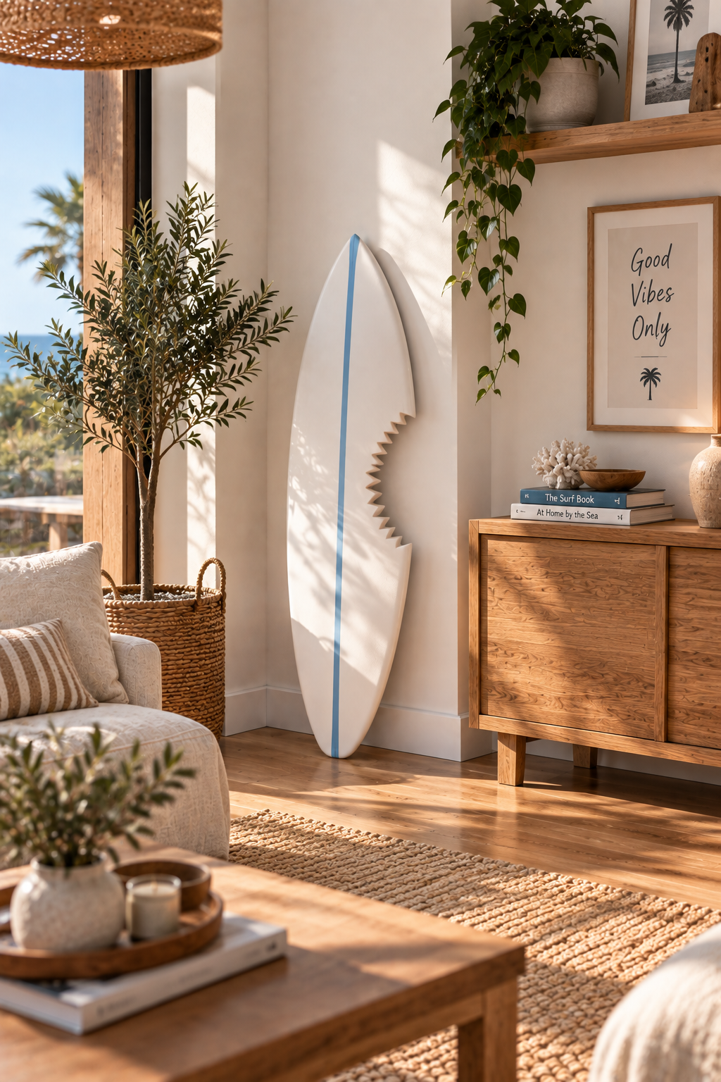 Planche déco murale forme surf – Blanc "Requin" & trait bleu ciel, bois massif fait main (60-120 cm)