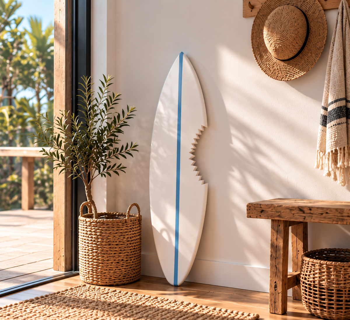 Planche déco murale forme surf – Blanc "Requin" & trait bleu ciel, bois massif fait main (60-120 cm)