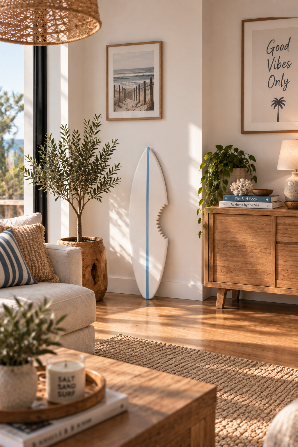 Planche déco murale forme surf – Blanc "Requin" & trait bleu ciel, bois massif fait main (60-120 cm)