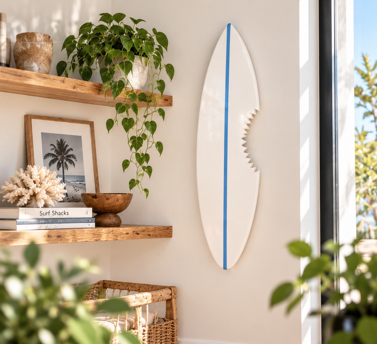 Planche déco murale forme surf – Blanc "Requin" & trait bleu ciel, bois massif fait main (60-120 cm)