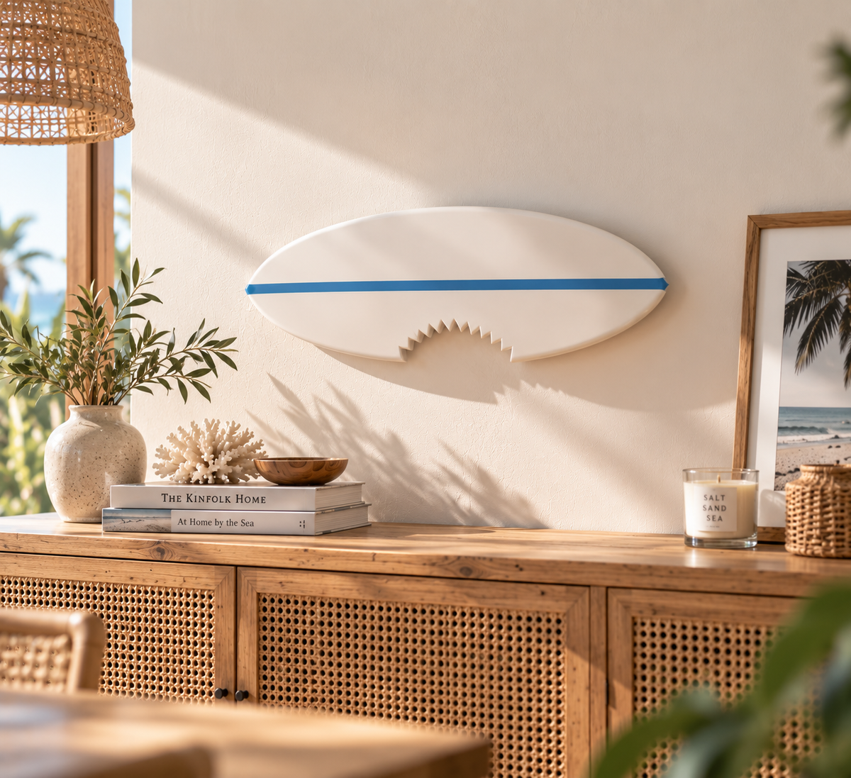 Planche déco murale forme surf – Blanc "Requin" & trait bleu ciel, bois massif fait main (60-120 cm)