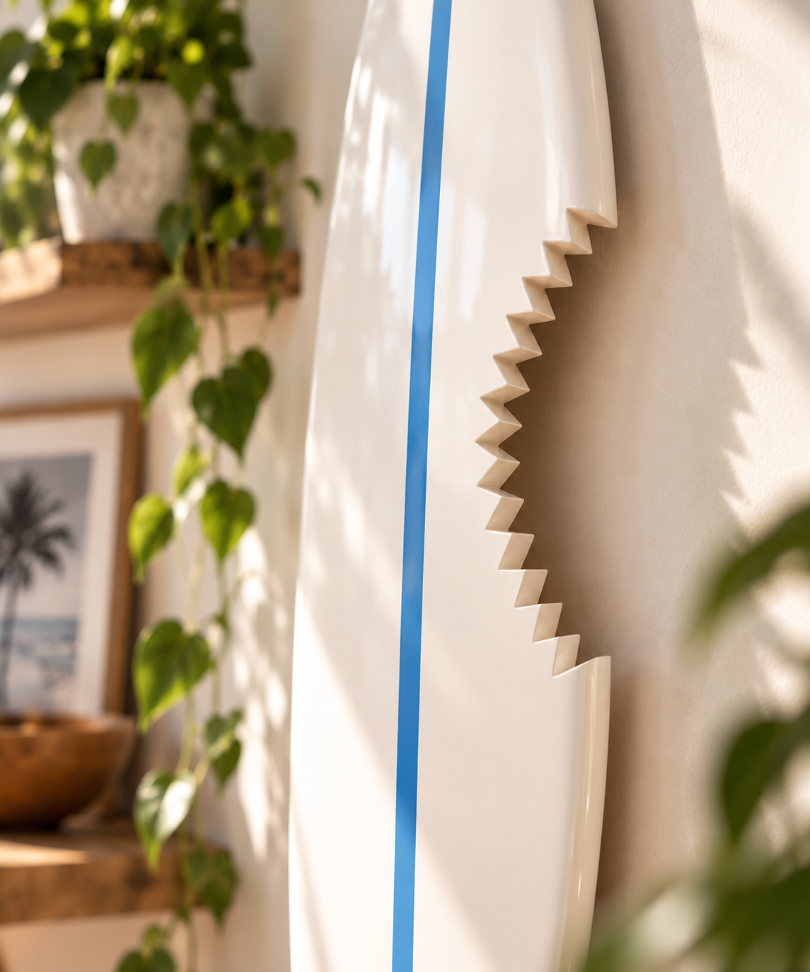 Planche déco murale forme surf – Blanc "Requin" & trait bleu ciel, bois massif fait main (60-120 cm)