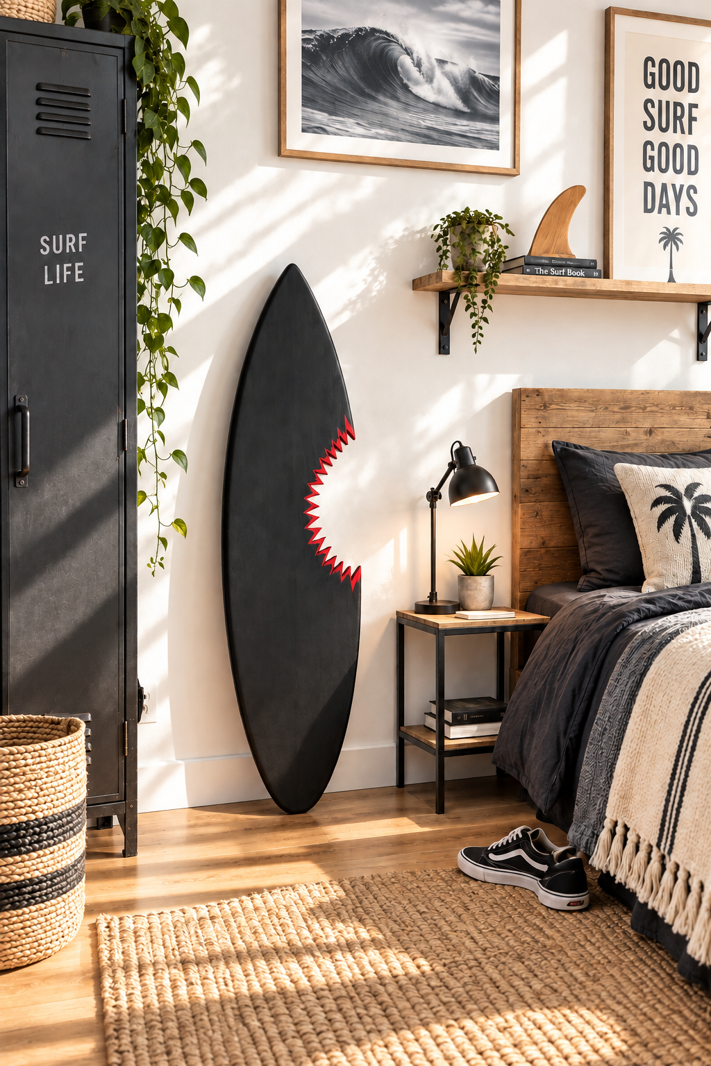 Planche Surf murale – Noir "Shark Attack", bois massif fait main (60-120 cm)