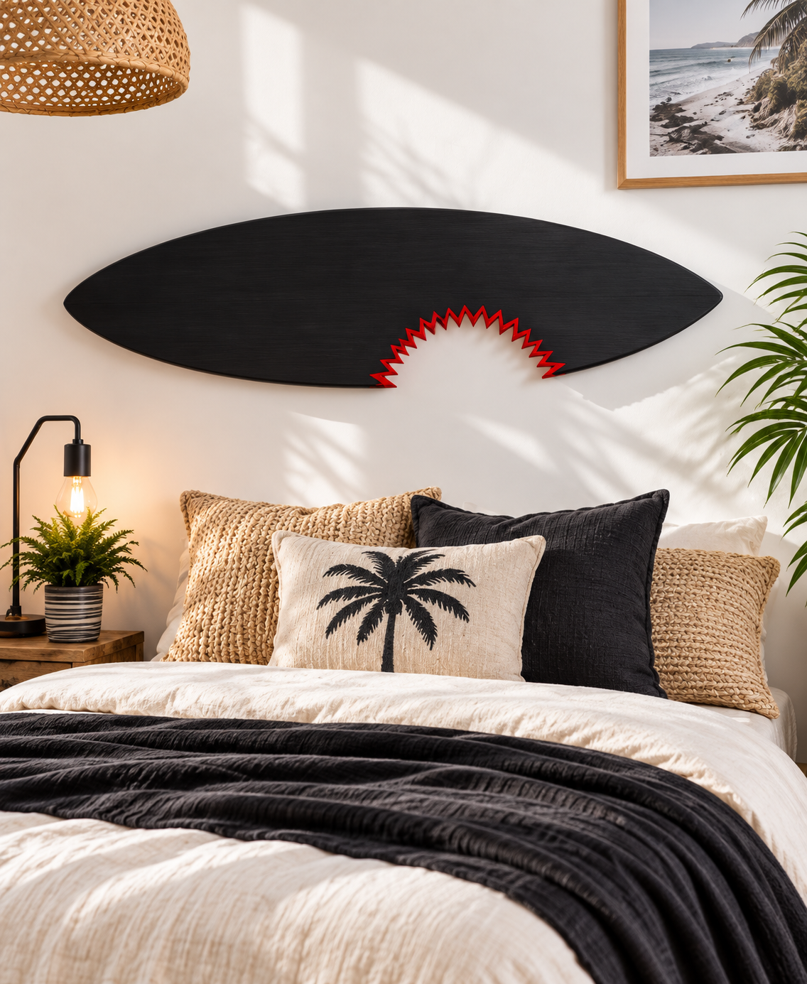 Planche Surf murale – Noir "Shark Attack", bois massif fait main (60-120 cm)