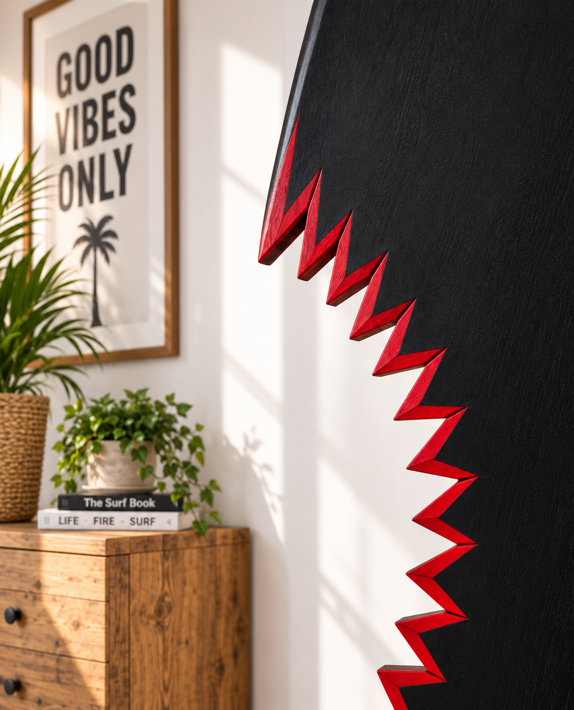 Planche Surf murale – Noir "Shark Attack", bois massif fait main (60-120 cm)
