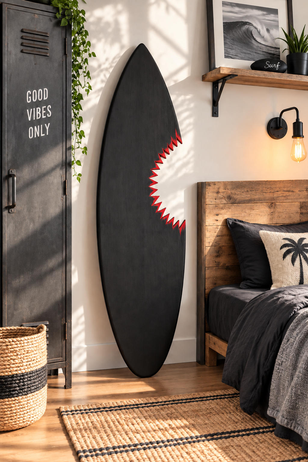 Planche Surf murale – Noir "Shark Attack", bois massif fait main (60-120 cm)