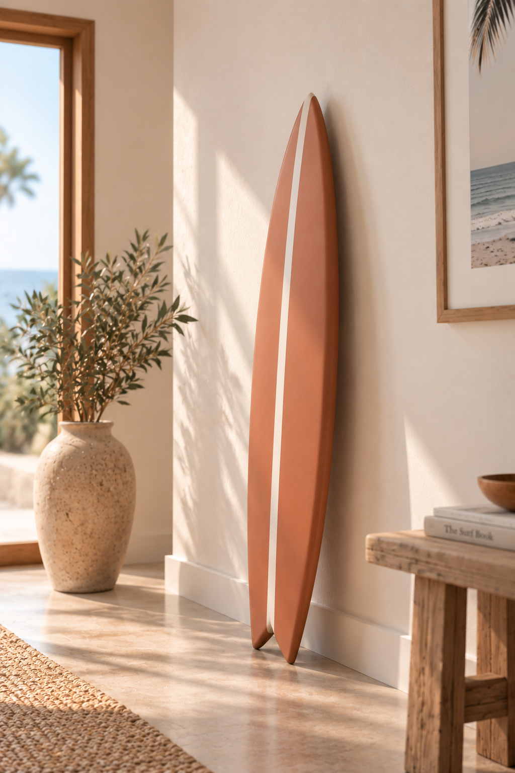 Planche déco murale forme surf – Terracotta & trait blanc, bois massif fait main (60-120 cm)