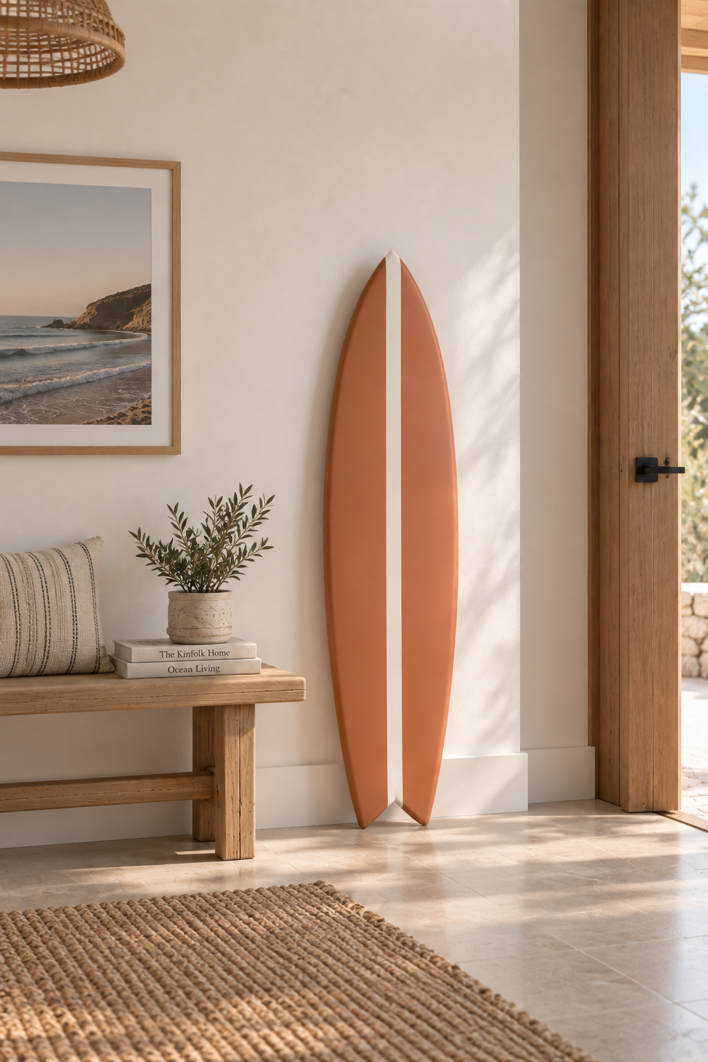Planche déco murale forme surf – Terracotta & trait blanc, bois massif fait main (60-120 cm)