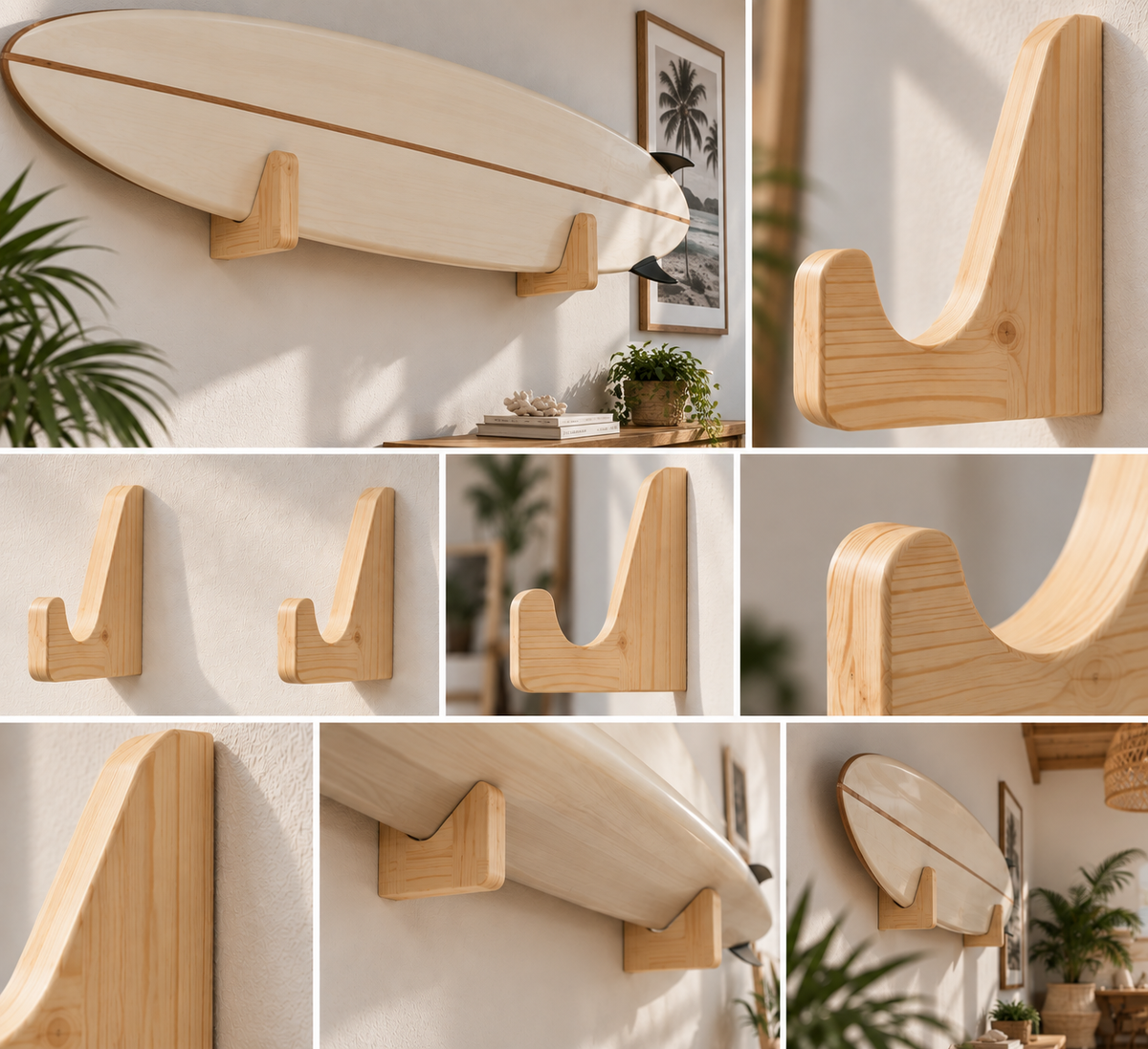 Support Mural Planche de Surf en Bois | Range Planche Décoratif | Fixation Murale Surf Handmade