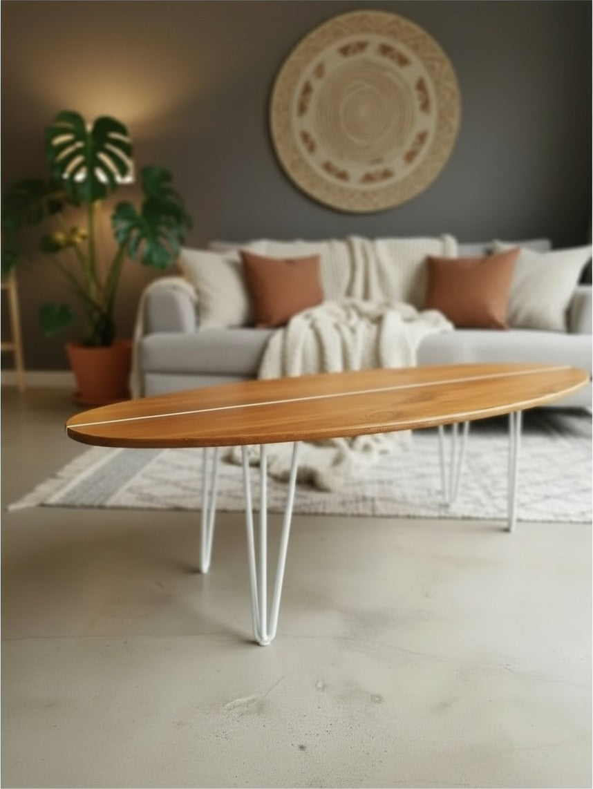 XL Table basse bois planche de surf | White Pinstripe | Modern Coastal Longboard Table