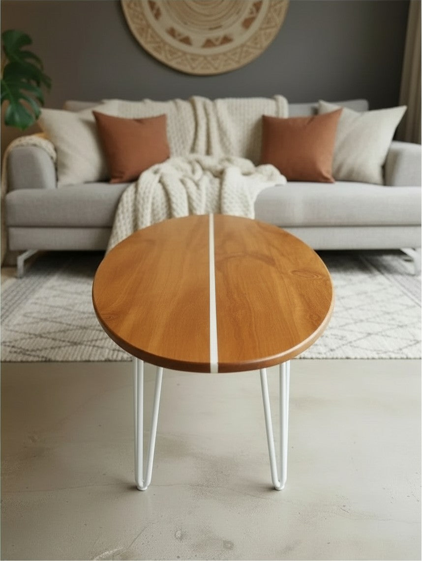 XL Table basse bois planche de surf | White Pinstripe | Modern Coastal Longboard Table