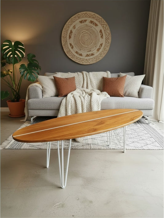 XL Table basse bois planche de surf | White Pinstripe | Modern Coastal Longboard Table