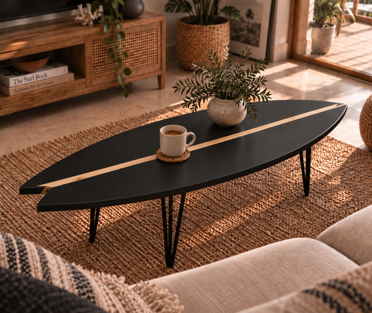 Table Basse Design Noir Mat & Ligne Bois Naturel – Fabrication Artisanale Bois Massif