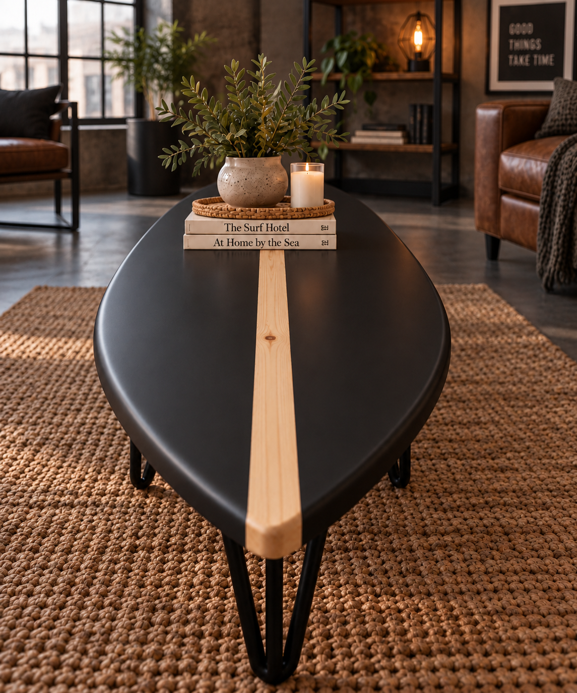 Table Basse Design Noir Mat & Ligne Bois Naturel – Fabrication Artisanale Bois Massif