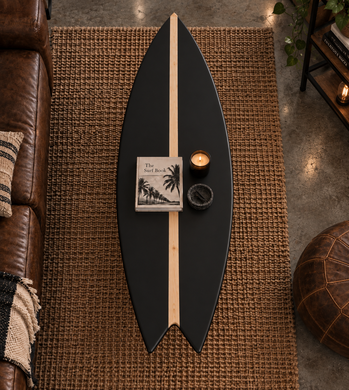 Table Basse Design Noir Mat & Ligne Bois Naturel – Fabrication Artisanale Bois Massif