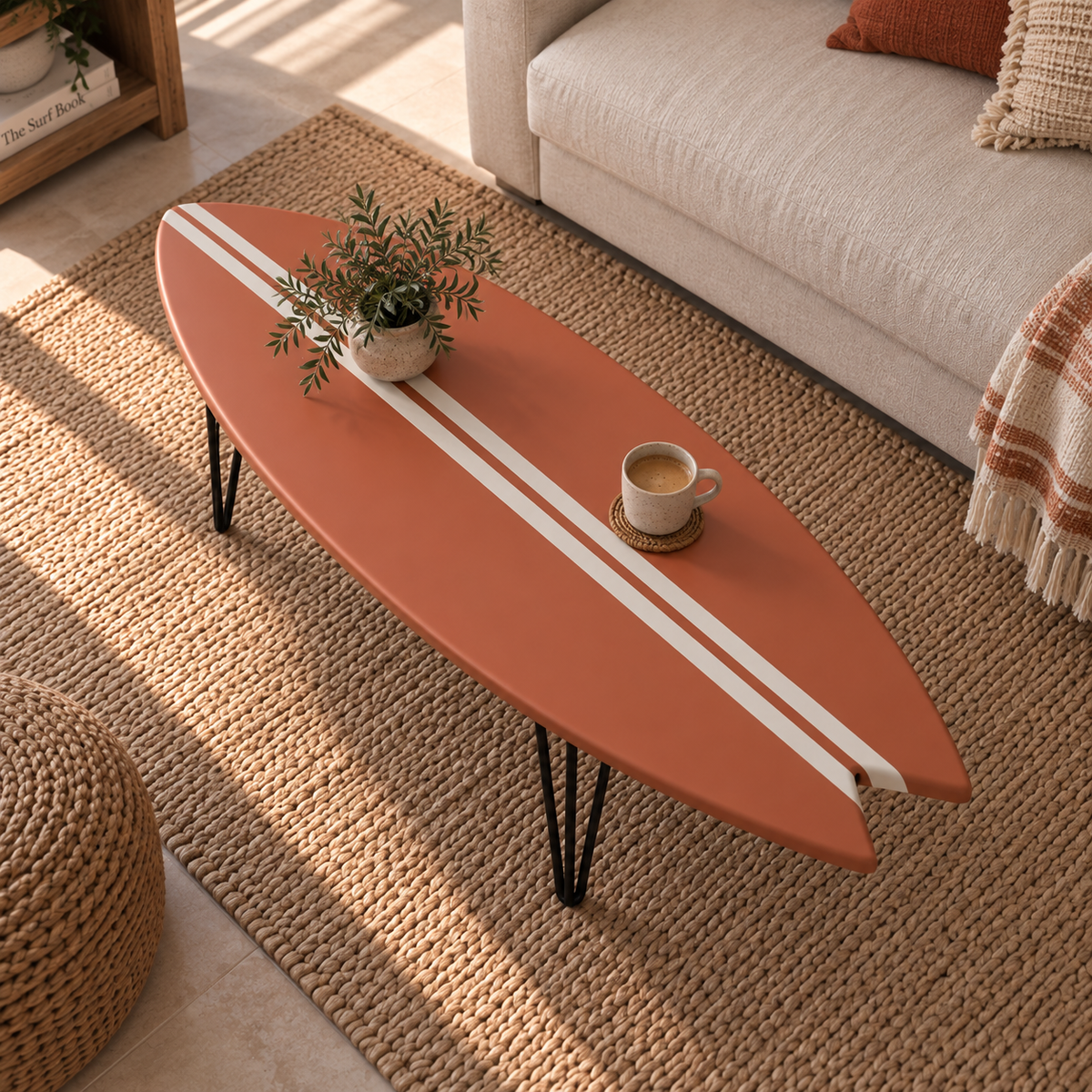 Table Basse Terracotta Forme Surf & Double Trait Blanc – Bois Massif Fait Main
