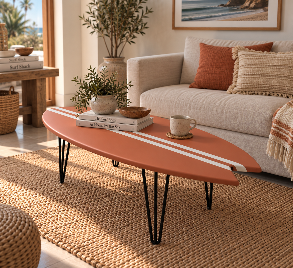 Table Basse Terracotta Forme Surf & Double Trait Blanc – Bois Massif Fait Main