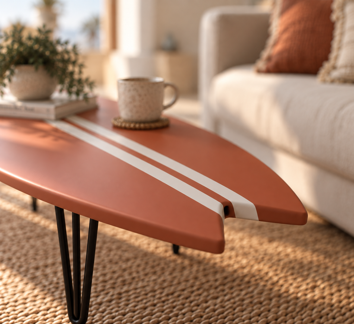 Table Basse Terracotta Forme Surf & Double Trait Blanc – Bois Massif Fait Main