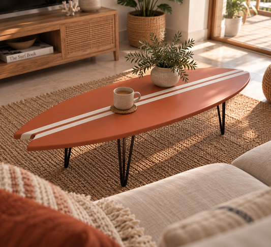 Table Basse Terracotta Forme Surf & Double Trait Blanc – Bois Massif Fait Main