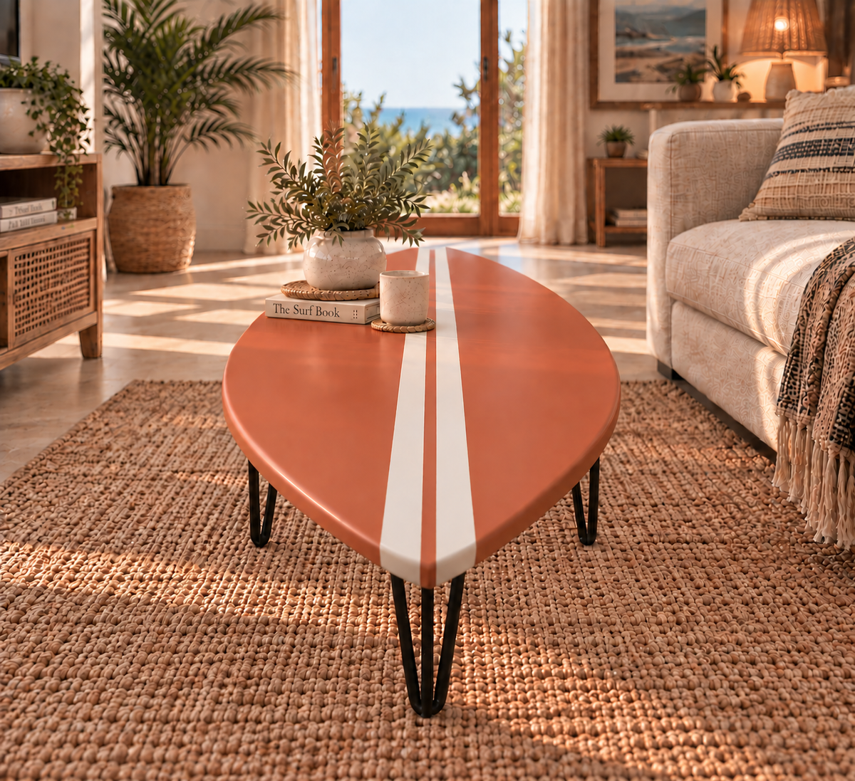 Table Basse Terracotta Forme Surf & Double Trait Blanc – Bois Massif Fait Main