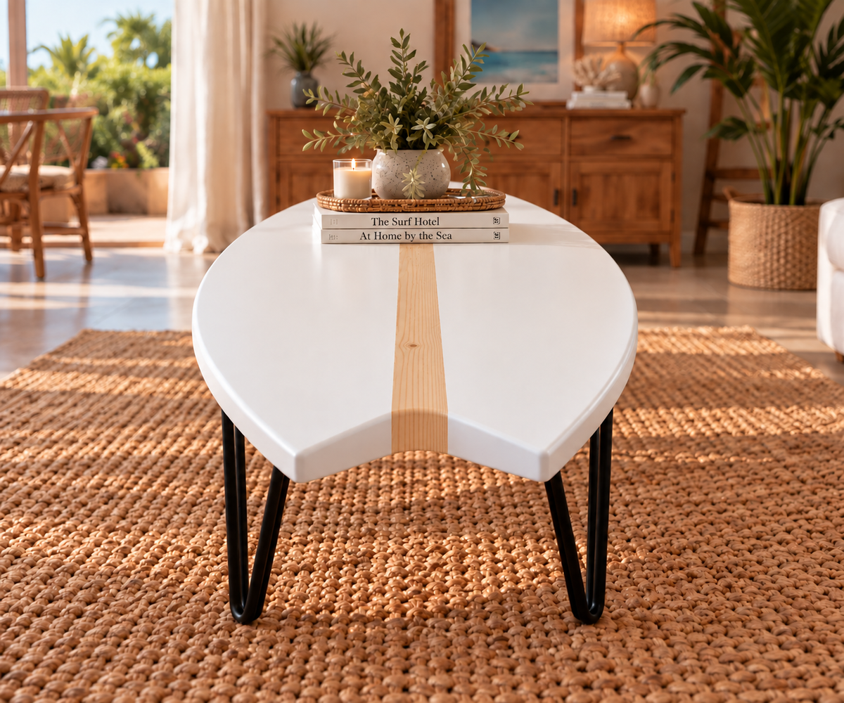 Table Basse Blanche Épurée & Ligne Bois Naturel – Fabrication Artisanale Bois de Spin