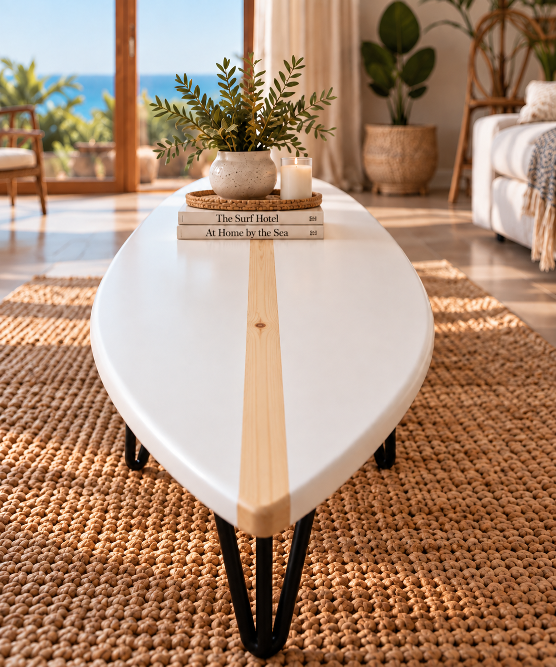 Table Basse Blanche Épurée & Ligne Bois Naturel – Fabrication Artisanale Bois de Spin