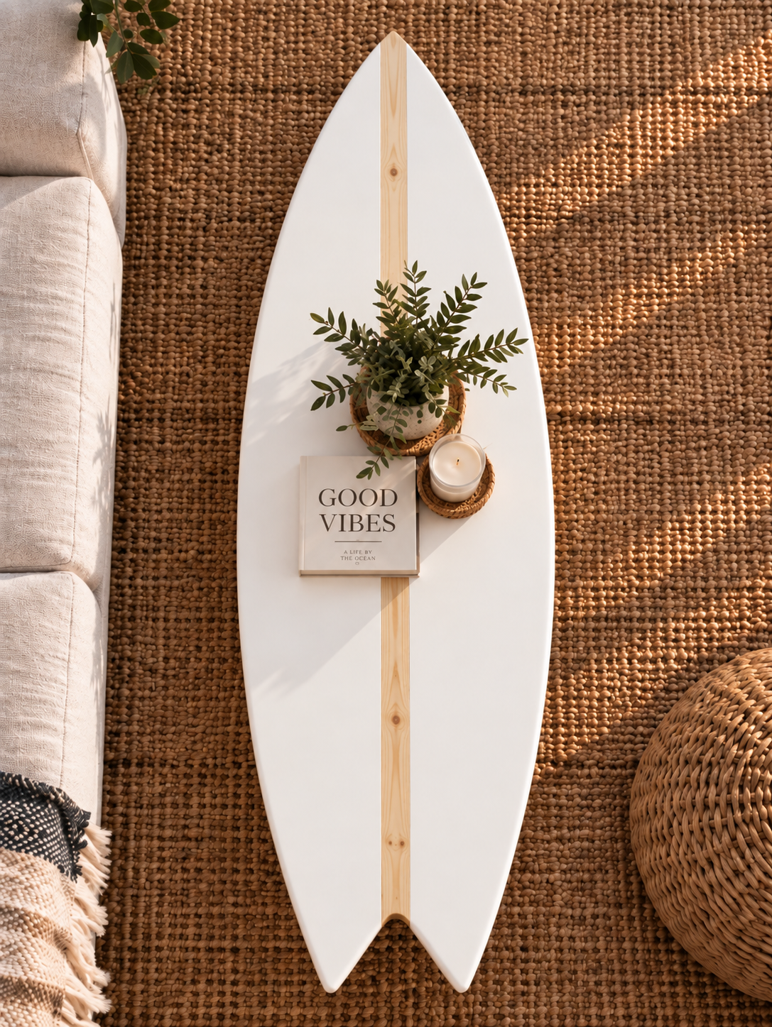 Table Basse Blanche Épurée & Ligne Bois Naturel – Fabrication Artisanale Bois de Spin