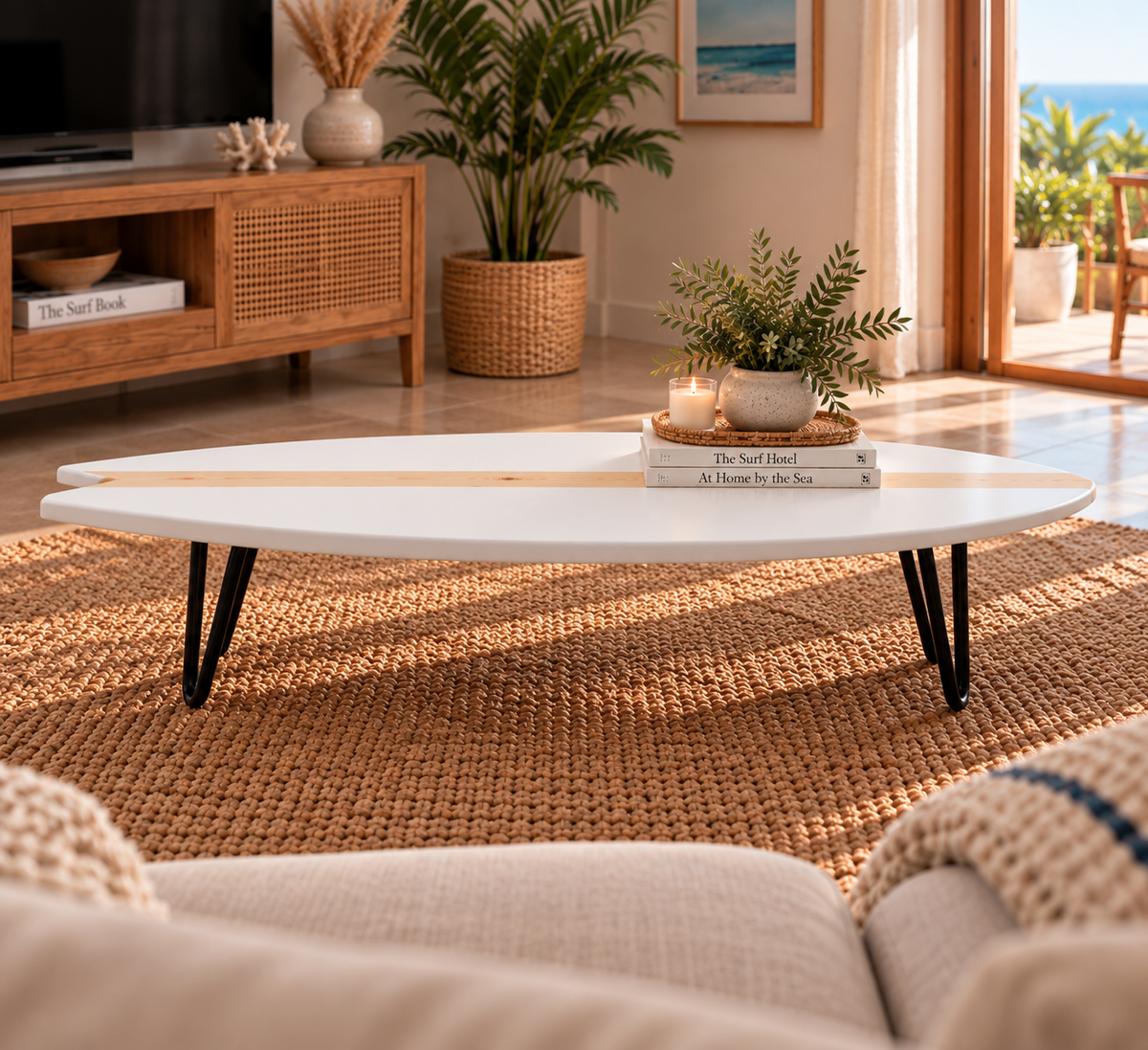 Table Basse Blanche Épurée & Ligne Bois Naturel – Fabrication Artisanale Bois de Spin