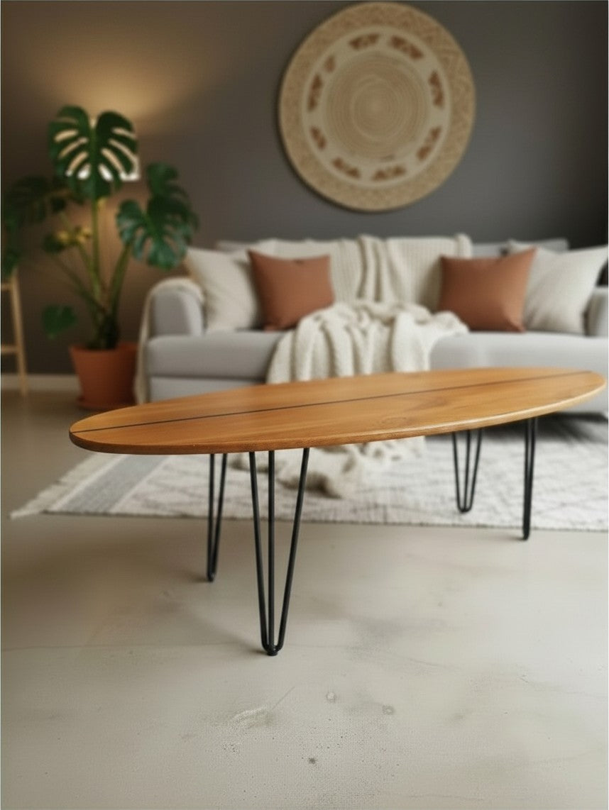 Table basse bois planche de surf - Aménagement intérieur décoration bord de mer