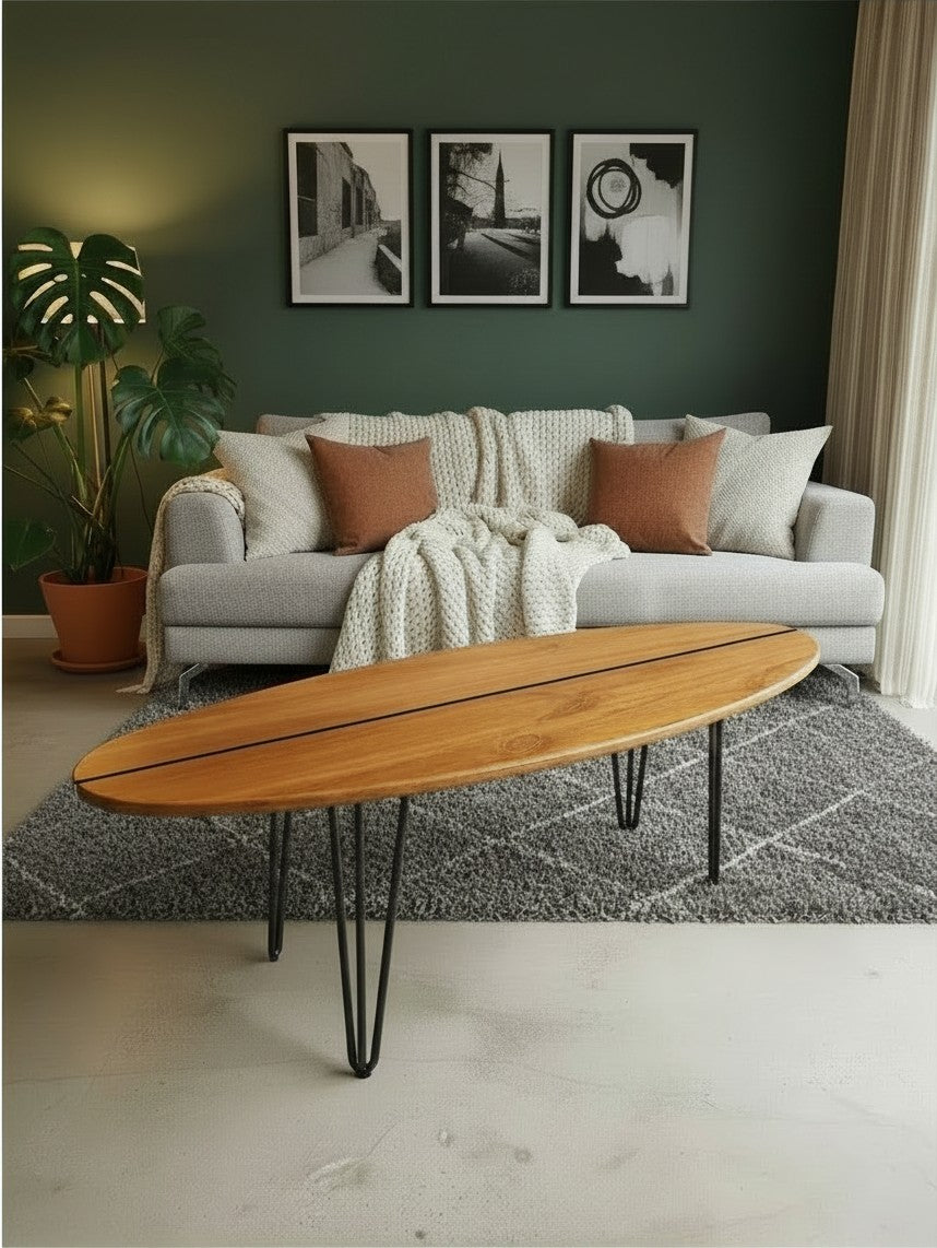 Table basse bois planche de surf - Aménagement intérieur décoration bord de mer