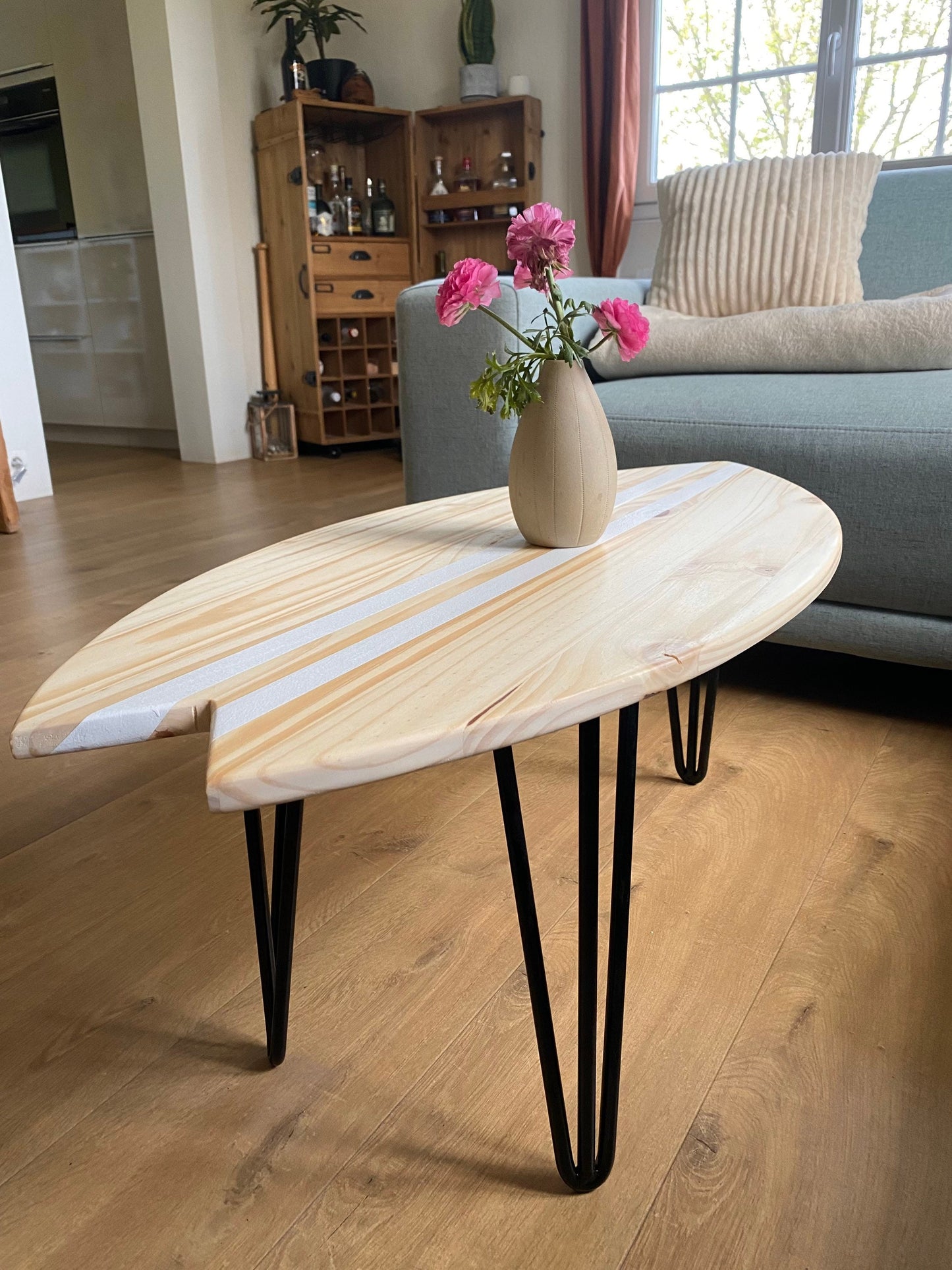 Wooden Surfboard Table – Beach House Coffee Table – Coastal Decor Furniture – Handmade Surf Decor