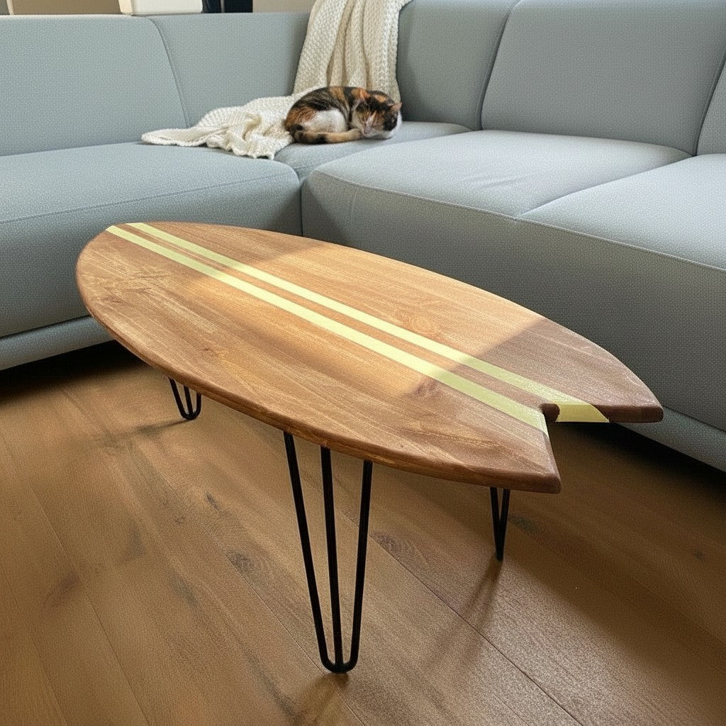 Handmade in France Surfboard Table | Pine Wood Coffee Table | Surf Decor
