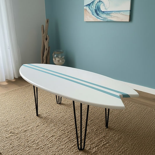 Beach House Gift | White Blue Surfboard Coffee Table | Coastal Decor | Handmade in France
