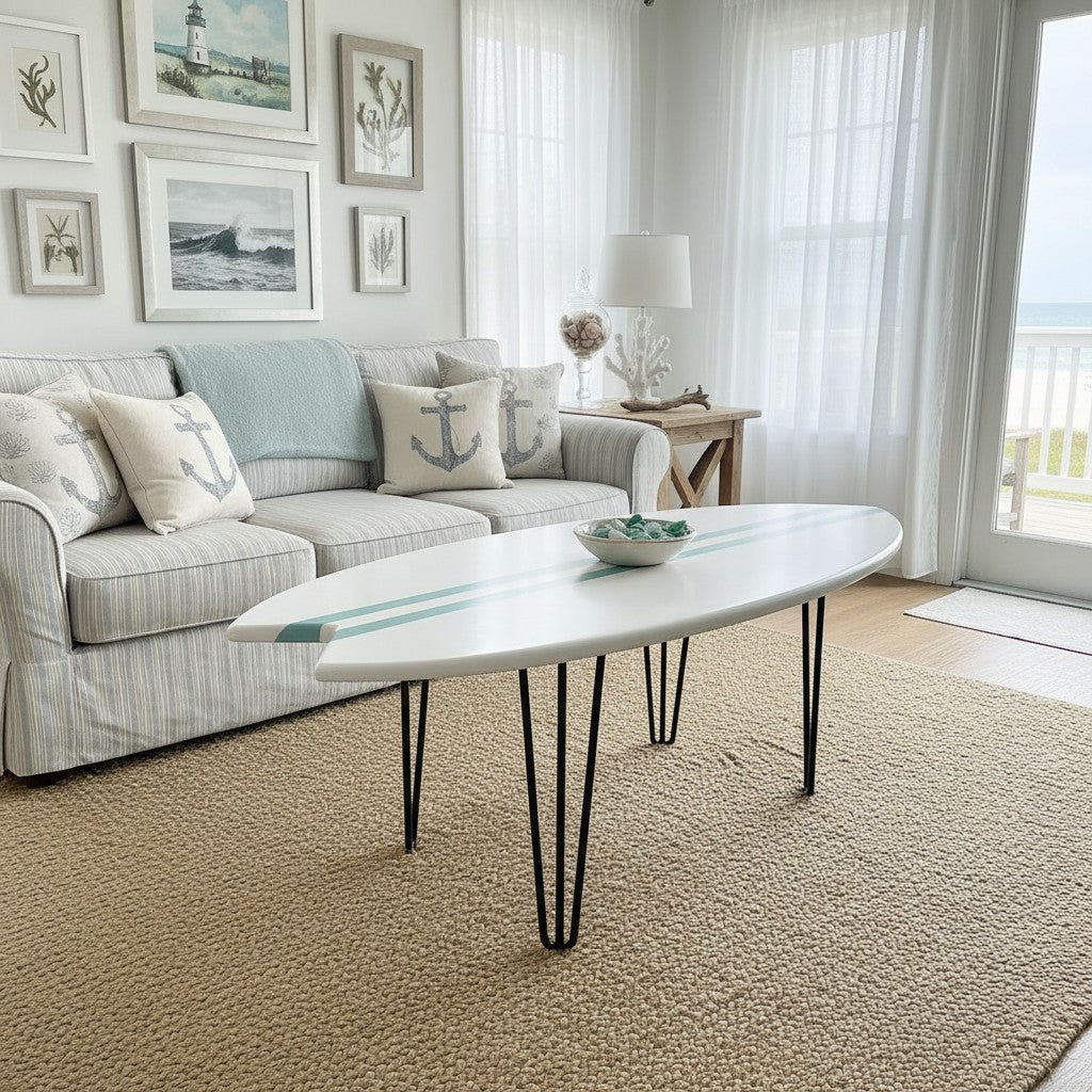 Beach House Gift | White Blue Surfboard Coffee Table | Coastal Decor | Handmade in France