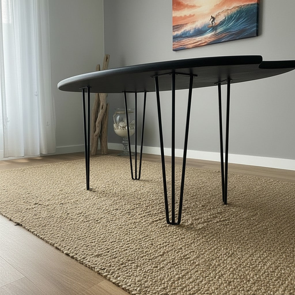 Black Surfboard Coffee Table | Industrial Surf Decor | Dark Wood Furniture | Handmade Surf Table