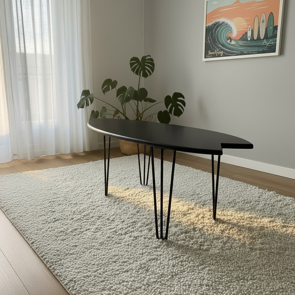 Black Surfboard Coffee Table | Industrial Surf Decor | Dark Wood Furniture | Handmade Surf Table
