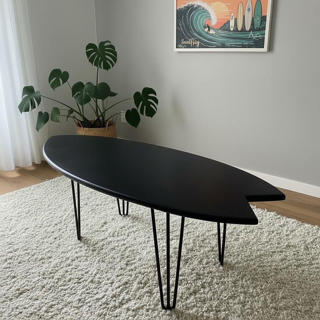 Black Surfboard Coffee Table | Industrial Surf Decor | Dark Wood Furniture | Handmade Surf Table